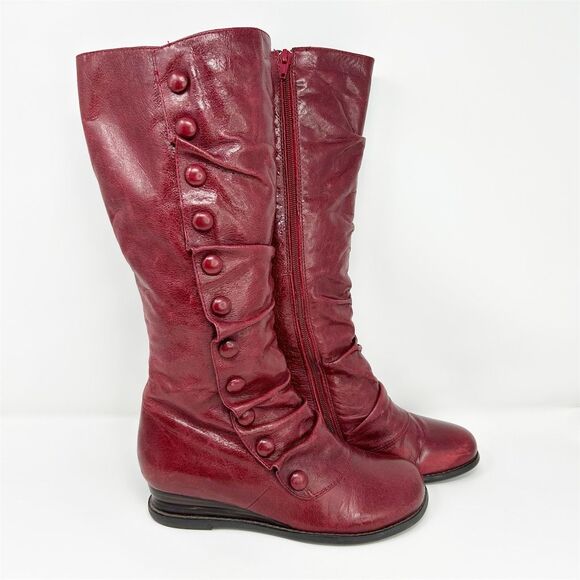 Miz Mooz Shoes - Miz Mooz Bloom Cherry Red Leather Knee High Boots Size 7.5 Casual Buttons Fall